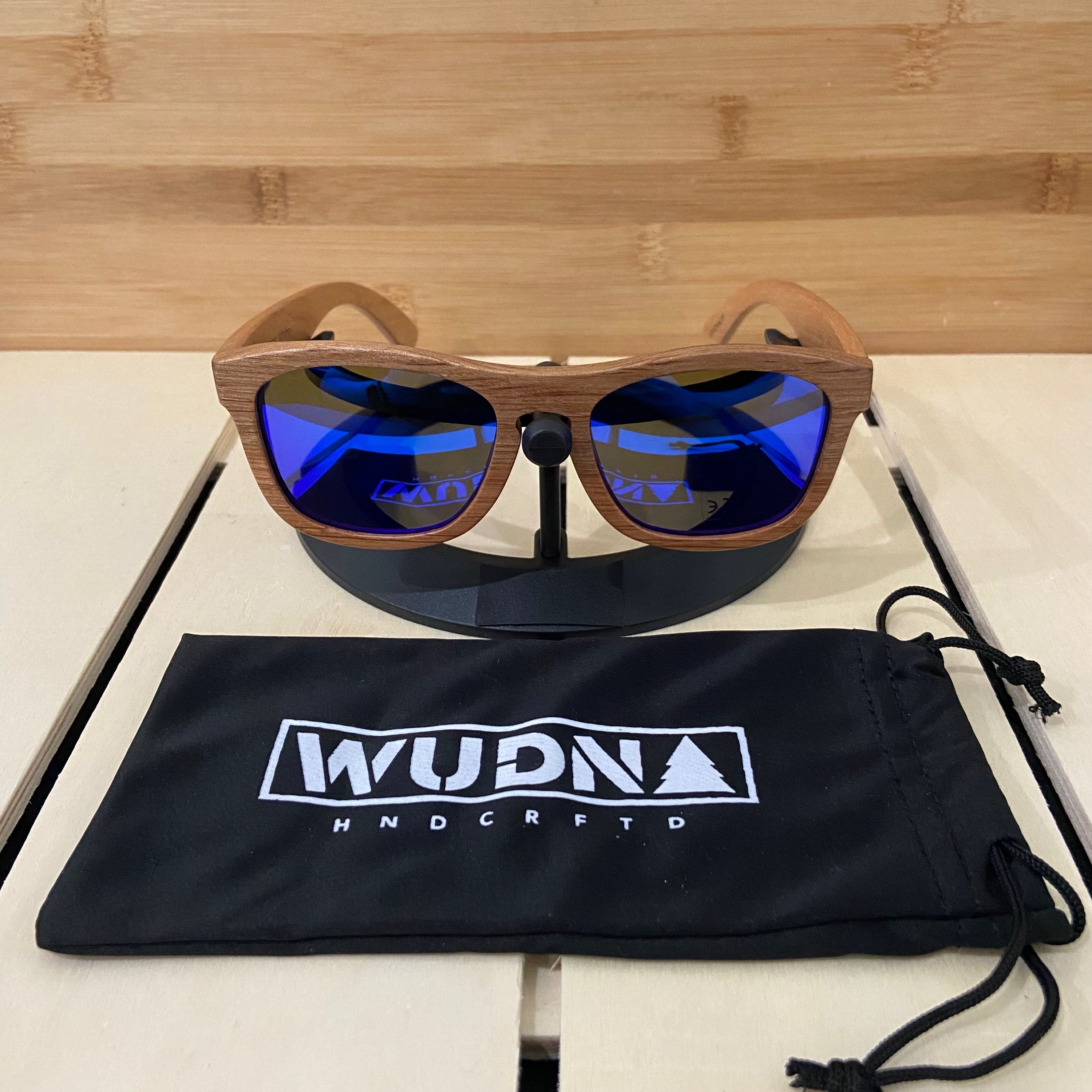 WUDN Sunglasses All Wood Jacks Real Zebra Light Brown Frame with Blue Lens