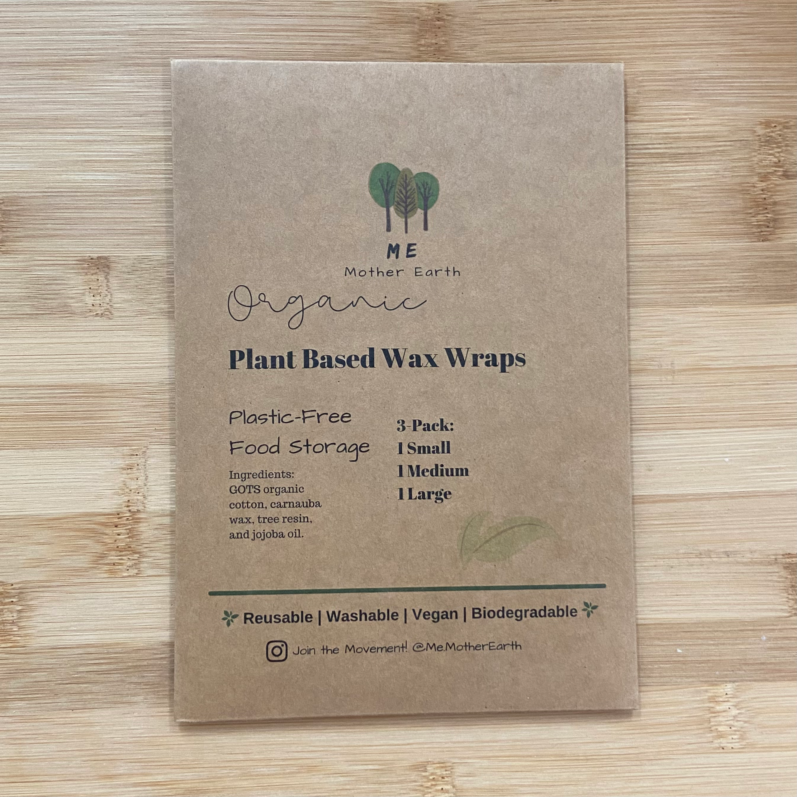Me Mother Earth Organic Plant Based Wax Wrap 3 Pack 1 S/M/L